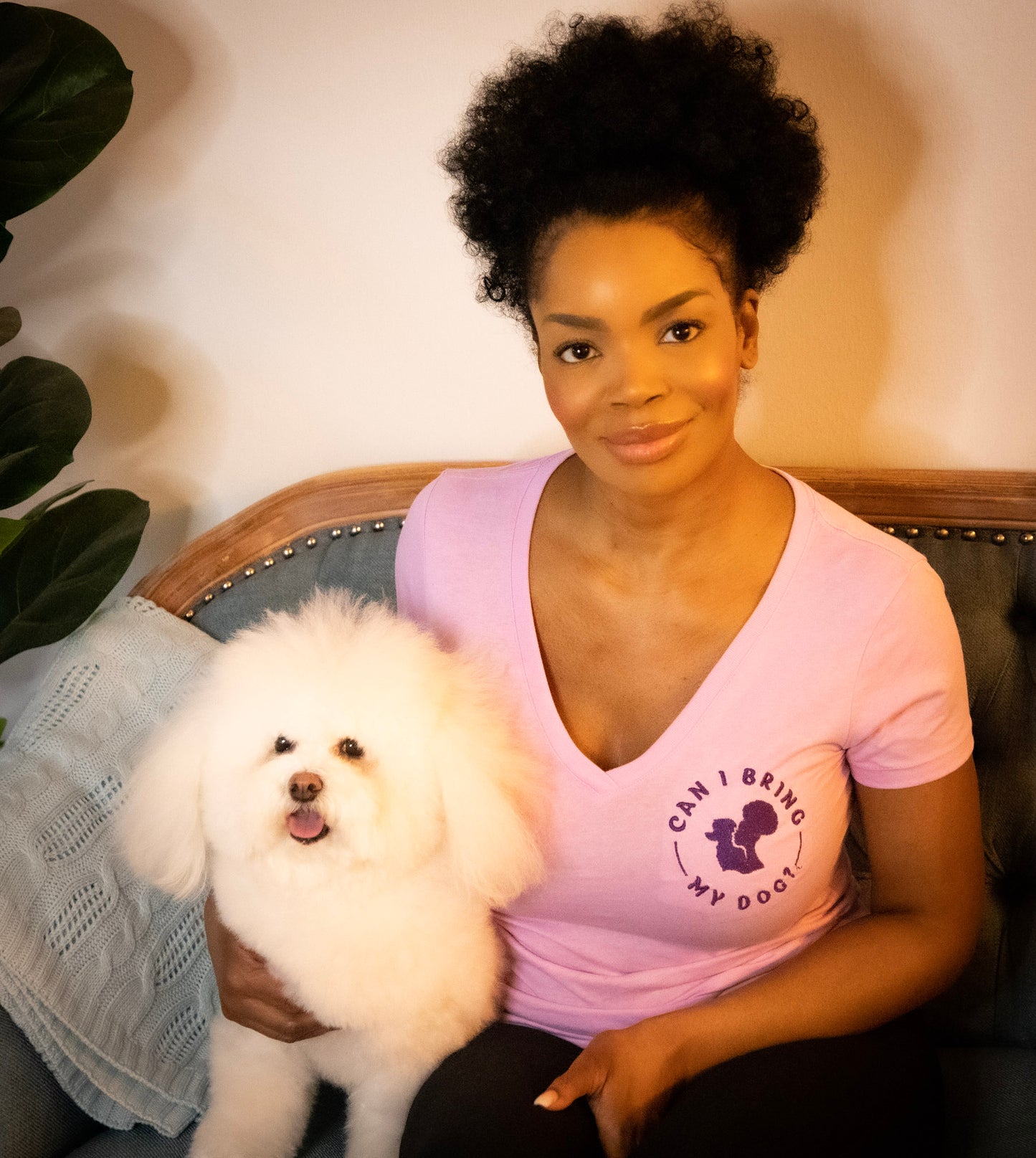"Can I Bring My Dog?" - Black Woman Silhouette - Deep V-Neck Tee