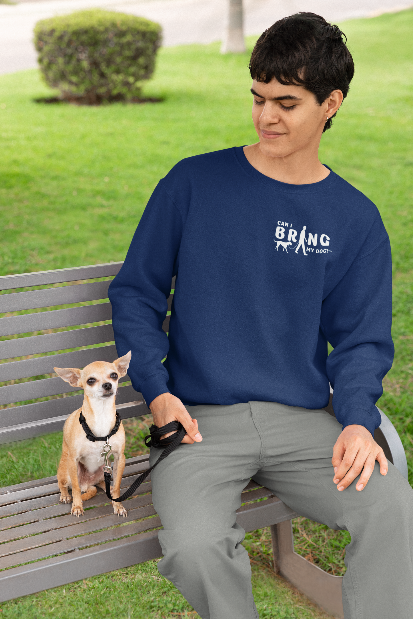 "Can I Bring My Dog?" - Man Walking - Crew Neck Sweatshirt