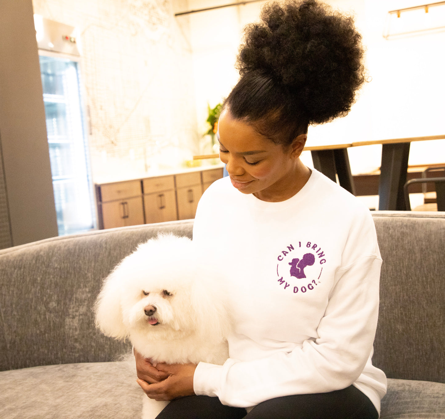 Embroidered "Can I Bring My Dog?" - Black Woman Silhouette - Crew Neck Sweatshirt
