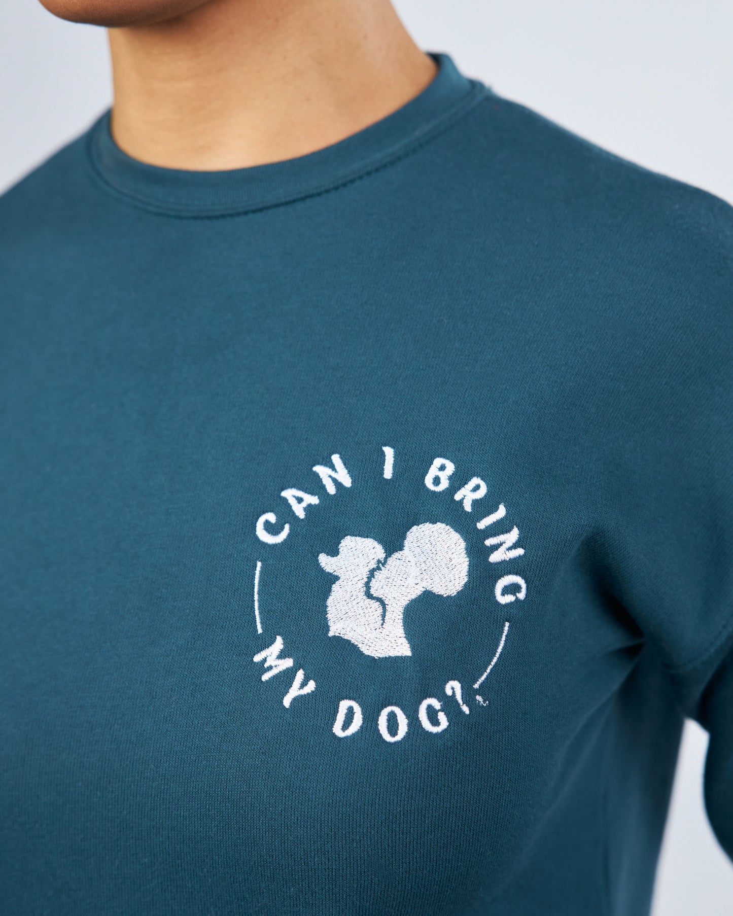 Embroidered "Can I Bring My Dog?" - Black Woman Silhouette - Crew Neck Sweatshirt