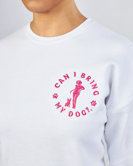 Embroidered "Can I Bring My Dog?" - Black Woman Standing - Crew Neck Sweatshirt