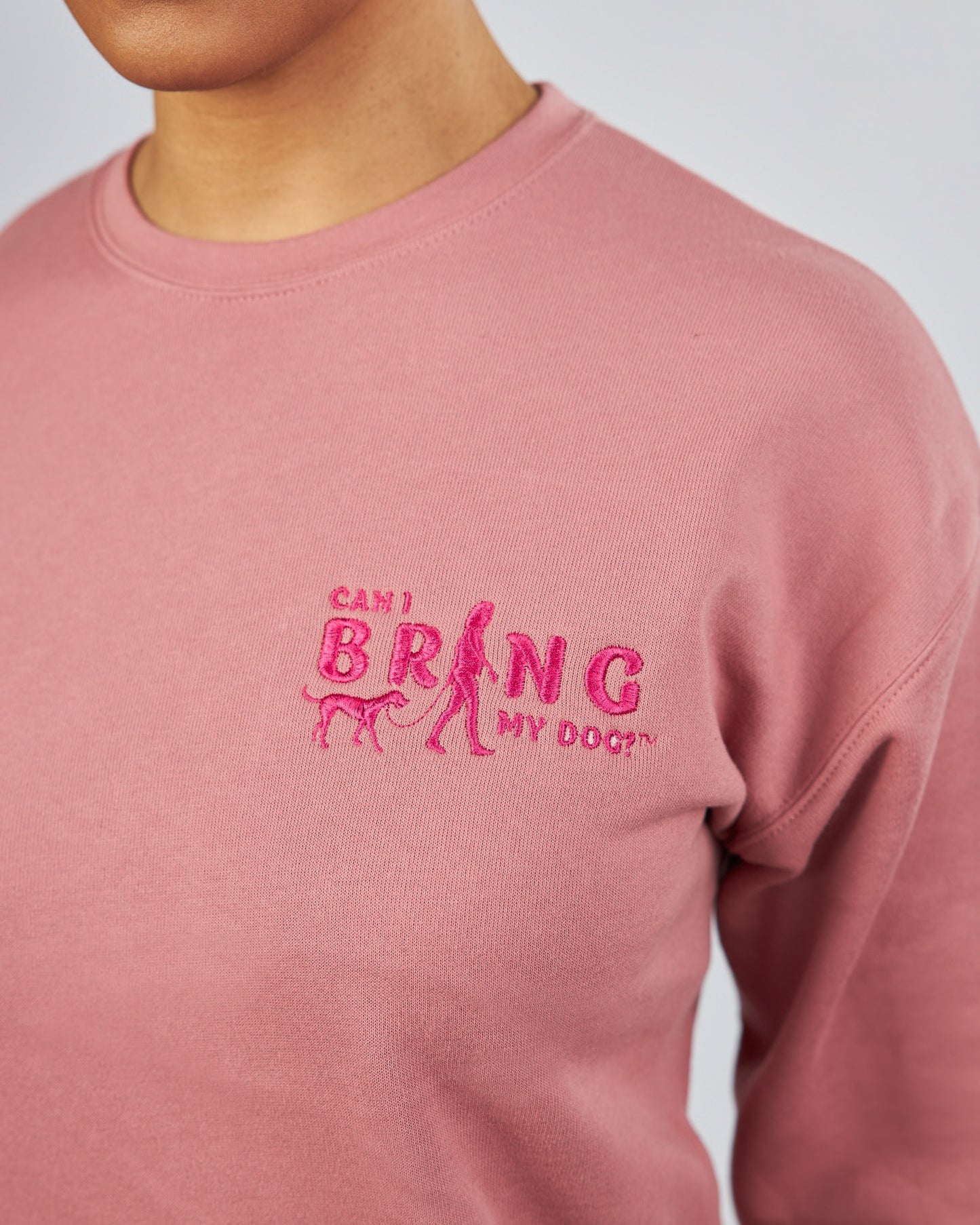 Embroidered "Can I Bring My Dog?" - Woman Walking - Crew Neck Sweatshirt