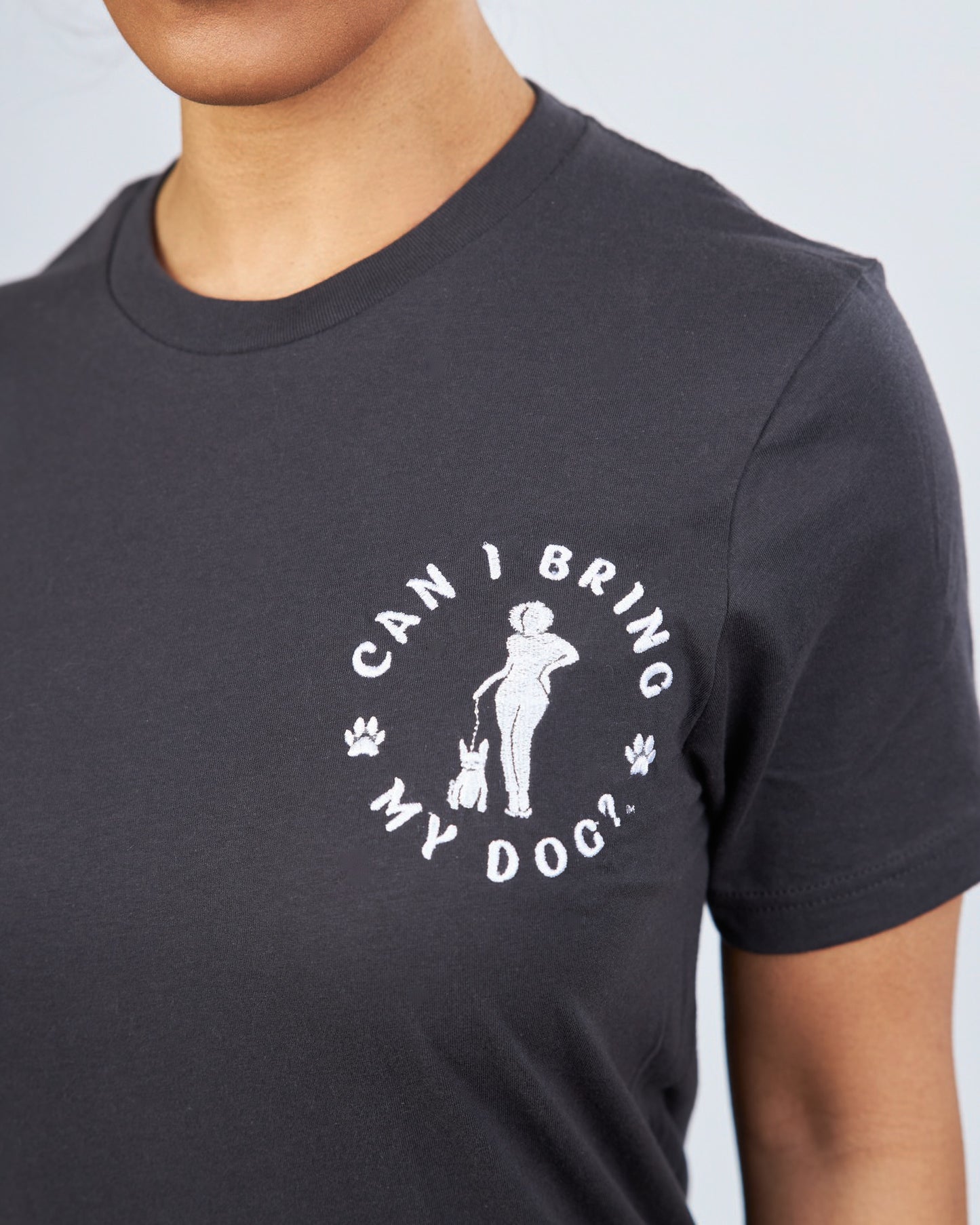 "Can I Bring My Dog?" - Black Woman Standing - Crew Neck Tee